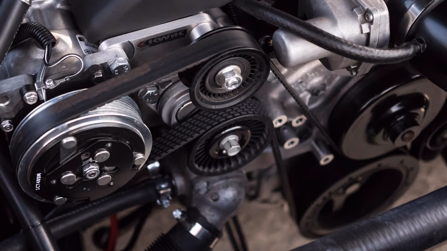 Serpentine belt and pulleys, close up
